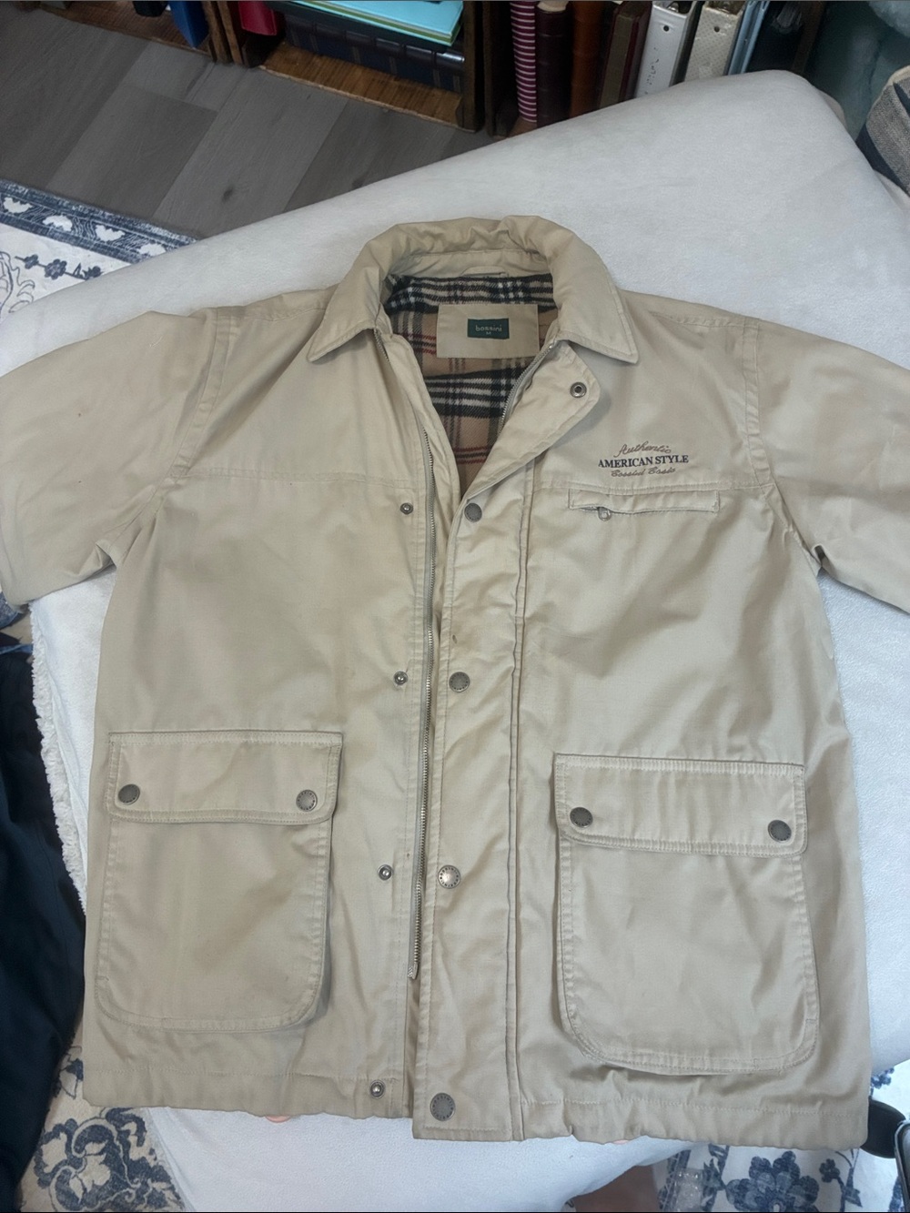 American Style Men’s Light Tan Shirt Jacket with Plaid Lining